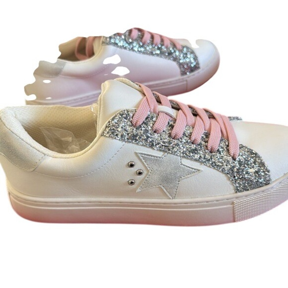 New Hey Girl Corkys Womens White Silver Glitter‎ Star Sneakers Pink Laces - Picture 3 of 4